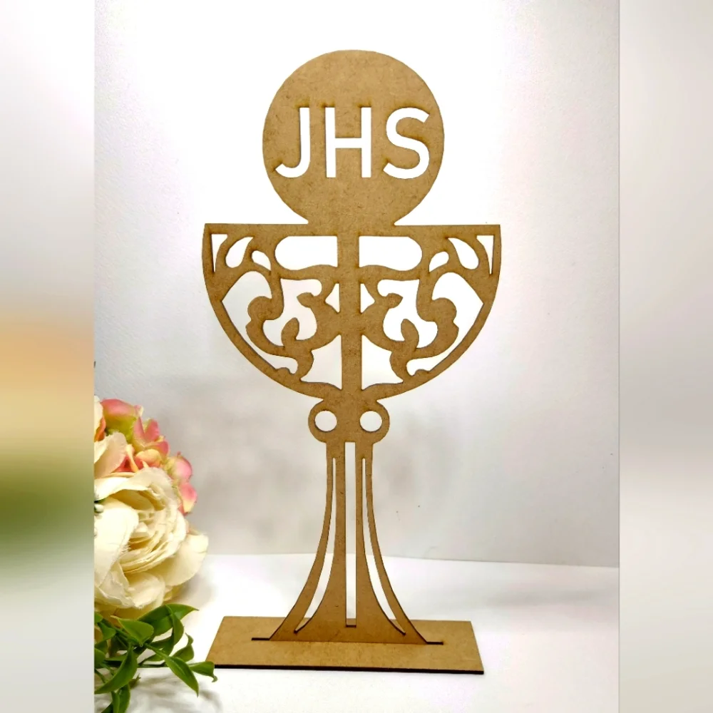 Holy Chalice Cake Topper. Wooden Grial First Holy Communion JHS Cake Topper.
